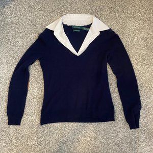 Lauren Ralph Lauren Women's Navy Blue 100% cashmere sweater with attached collar